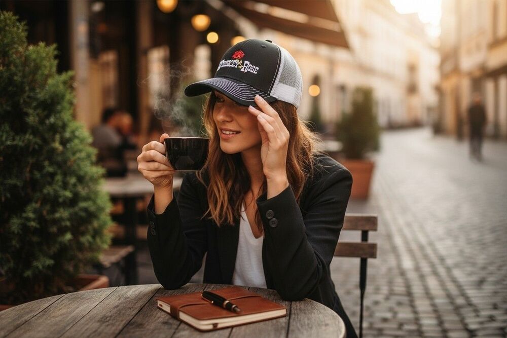 Whiskey Rose Trucker Hat Black White Rose Embroidered Snapback Cap